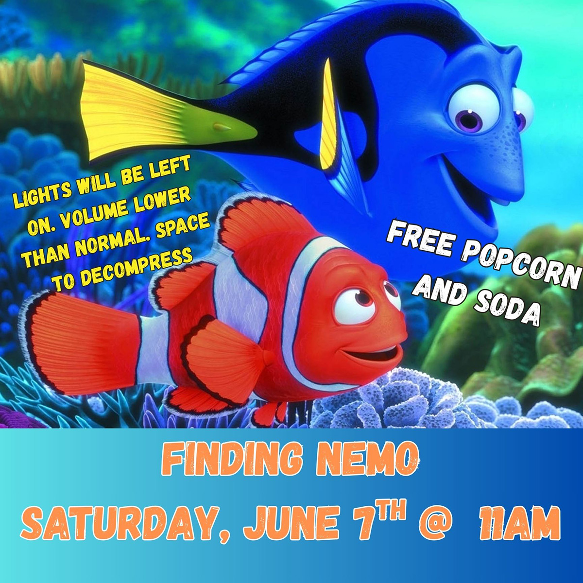 Movie characters Dory and Marlin from Finding Nemo movie and information about upcoming movie playing