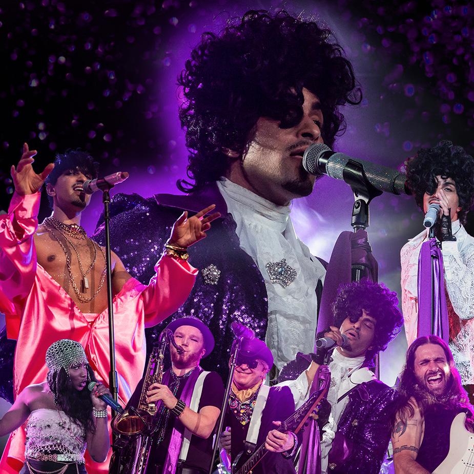 Performers onstage dressed in elaborate, Prince-inspired costumes, singing and playing instruments under dramatic purple lighting.