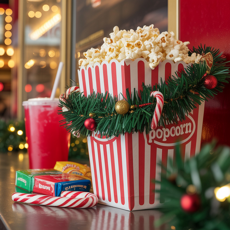 Large striped popcorn container decorated with Christmas garland, candy canes, and festive treats.