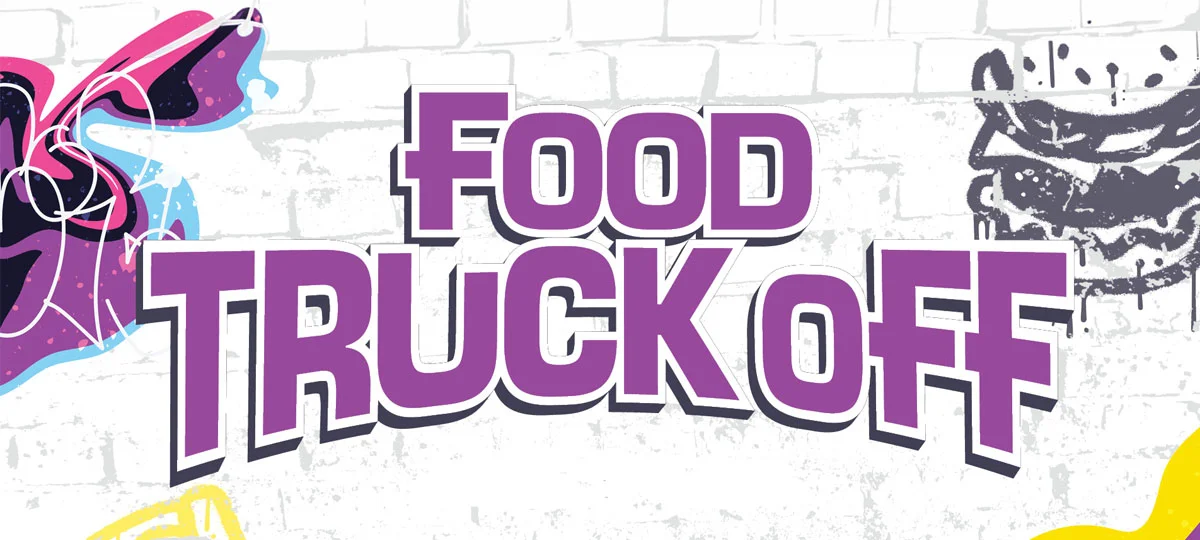 Food Truck Off event logo on a white brick background with colorful food illustrations.