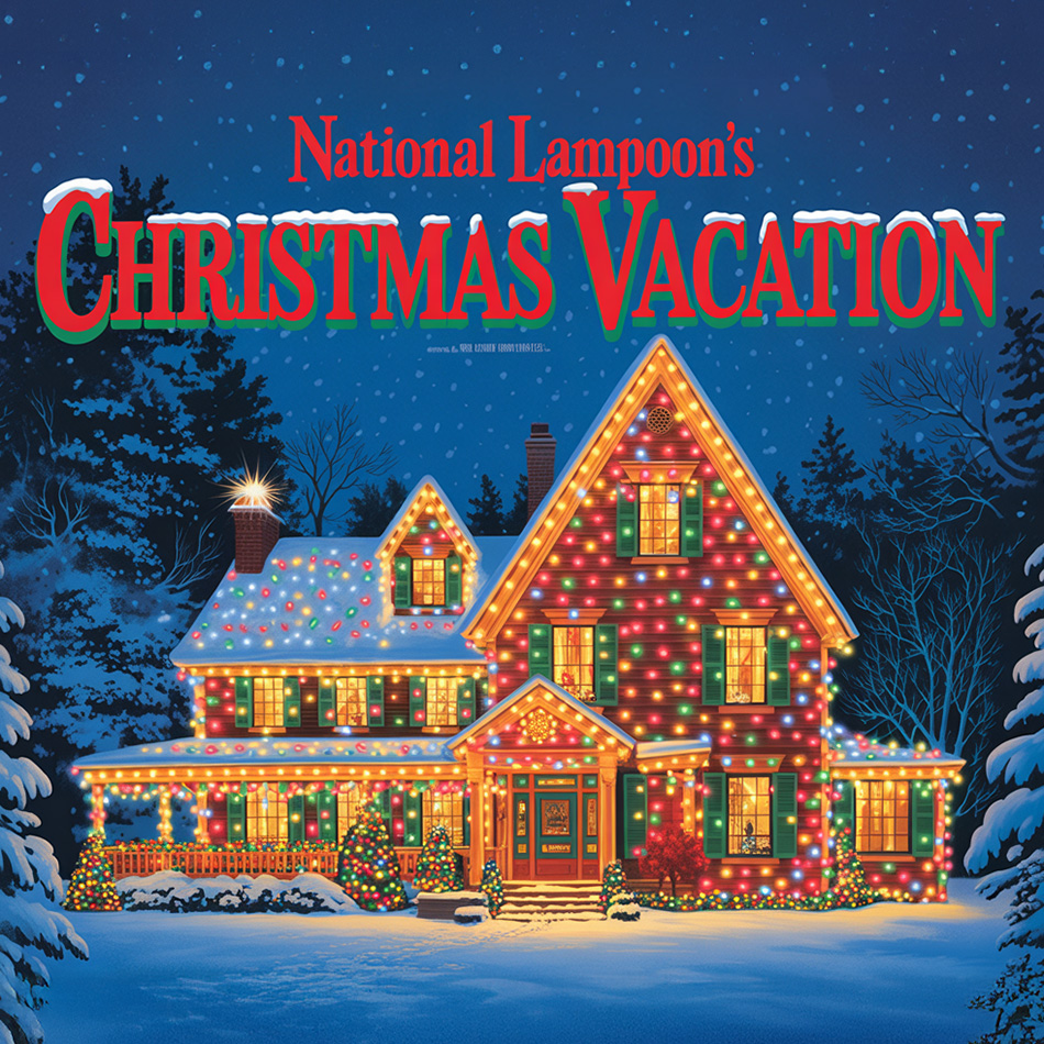 A snow-covered house glowing with colorful Christmas lights under a dark winter sky, promoting National Lampoon’s Christmas Vacation.