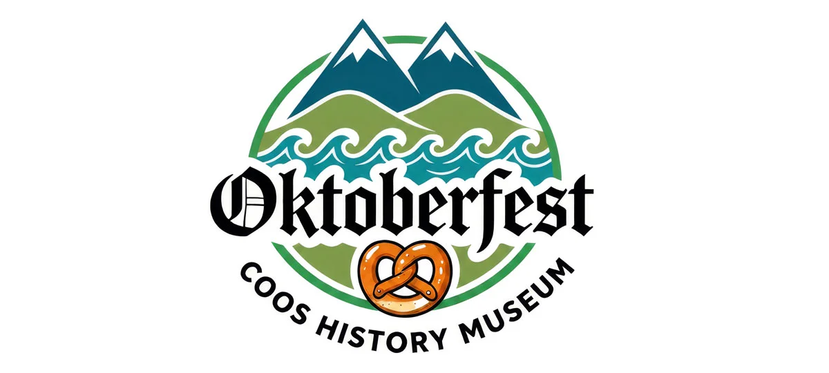Oktoberfest Coos History Museum logo featuring mountains, rolling hills, ocean waves, and a pretzel in a circular design on a white background.