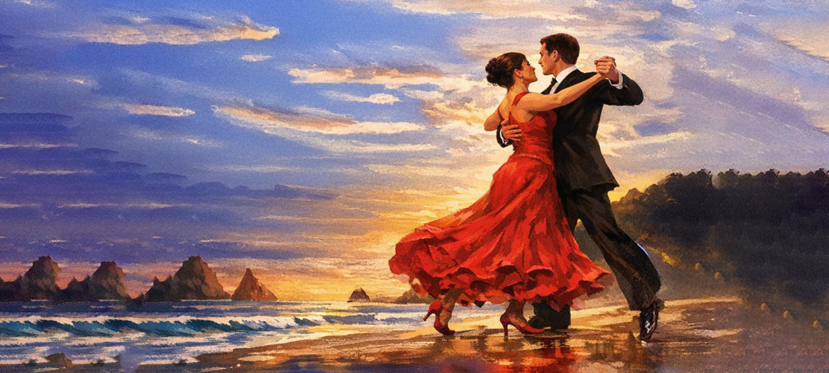 Couple in formal attire ballroom dancing on wet sand at sunset; the woman wears a flowing red dress and the man a black suit, with their reflections visible on the beach.