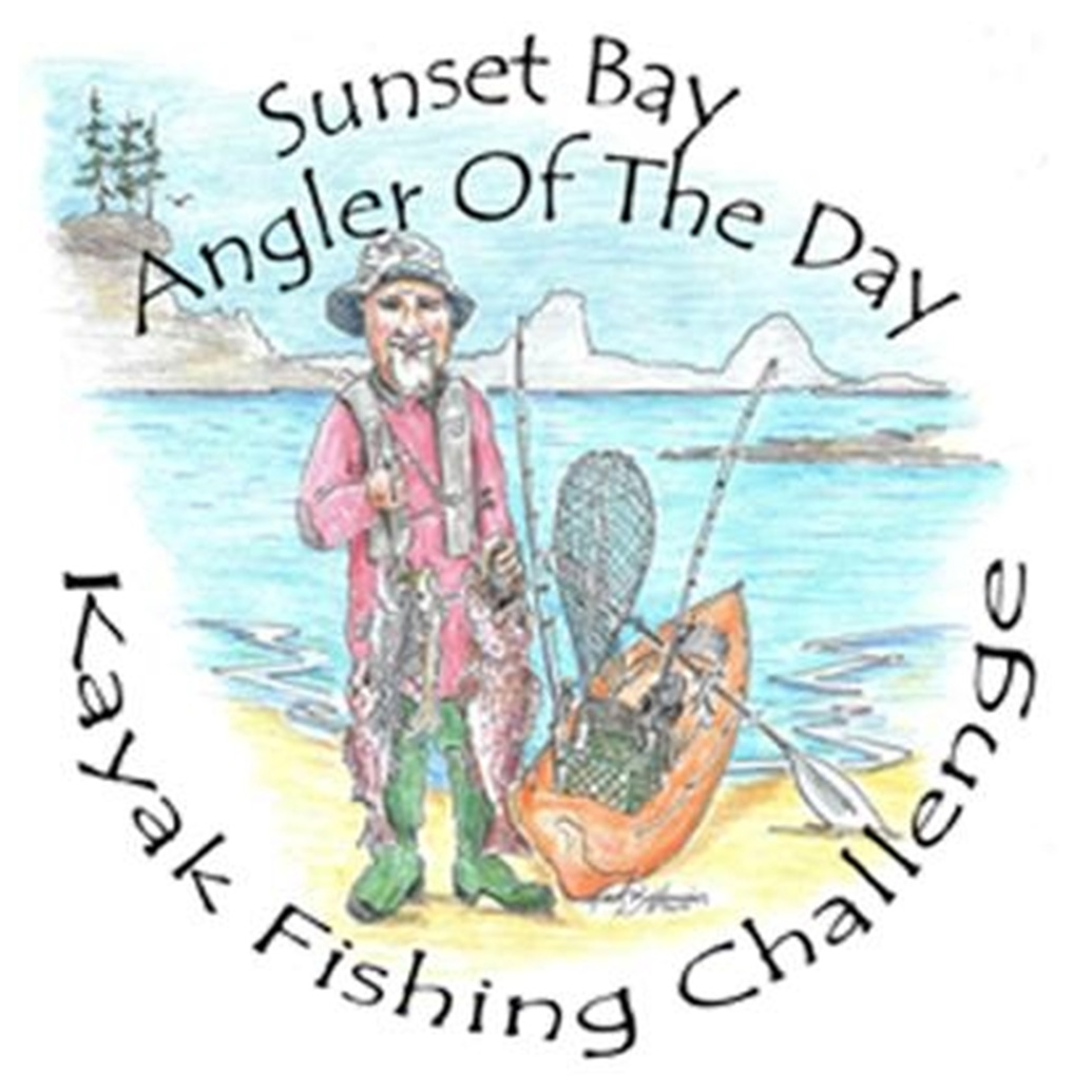 hand drawn image of fisherman in gear holding 2 fish on a line near a kayak