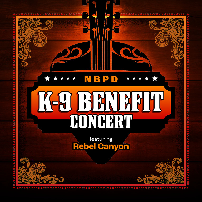 Poster for NBPD K-9 Benefit Concert featuring Rebel Canyon, with a guitar silhouette and western-style design