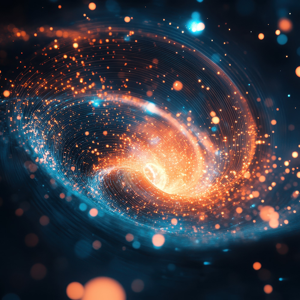 swirling vortex of planets and stars in the night sky