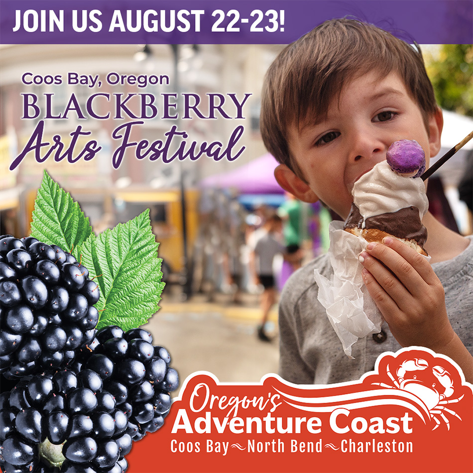 Child eating a blackberry-topped ice cream cone with text promoting the Coos Bay, Oregon Blackberry Arts Festival, August 22–23, featuring Oregon’s Adventure Coast branding and large blackberry graphics.