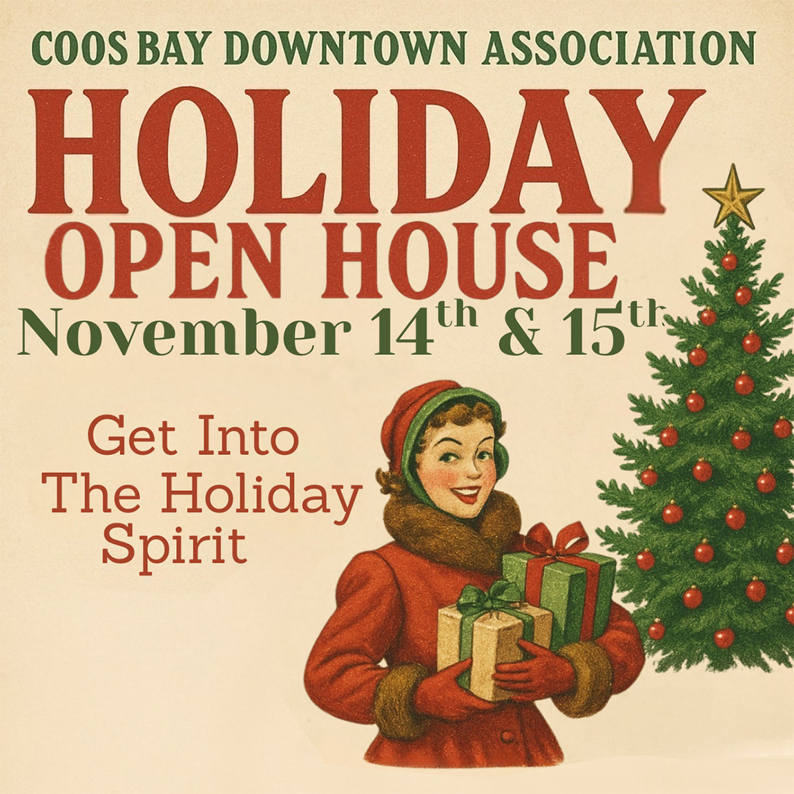 Holiday Open House in Coos Bay, November 14–15, with vintage art of a woman holding gifts beside a Christmas tree.