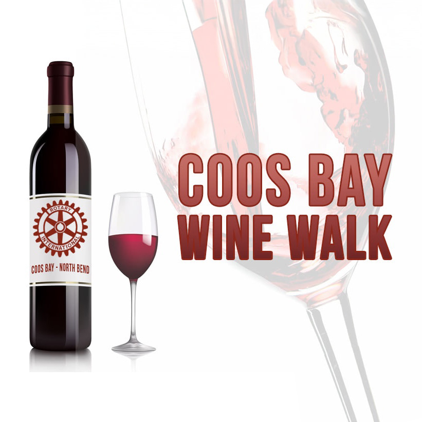 Wine bottle and glass with text "Coos Bay Wine Walk."