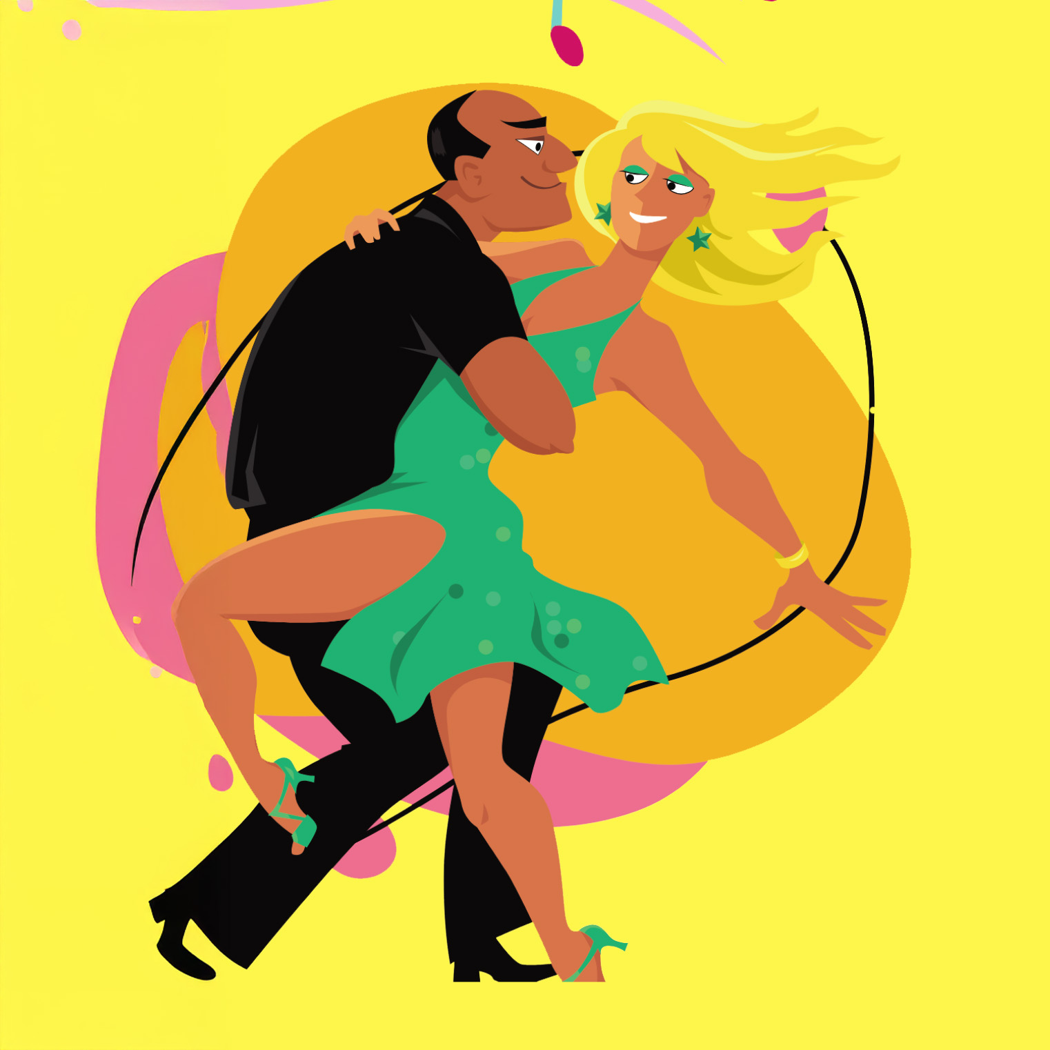 an illustrated man and woman dancing a swing move on a bold yellow background