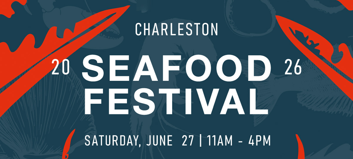 Banner for the Charleston Seafood Festival 2026 with red crab graphics and text reading: Saturday, June 27, 11 AM to 4 PM.