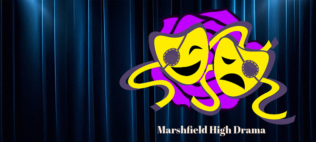 Marshfield High Drama logo featuring yellow comedy and tragedy theater masks with headset microphones, set over a purple rose with yellow ribbon accents, with the text “Marshfield High Drama” below.