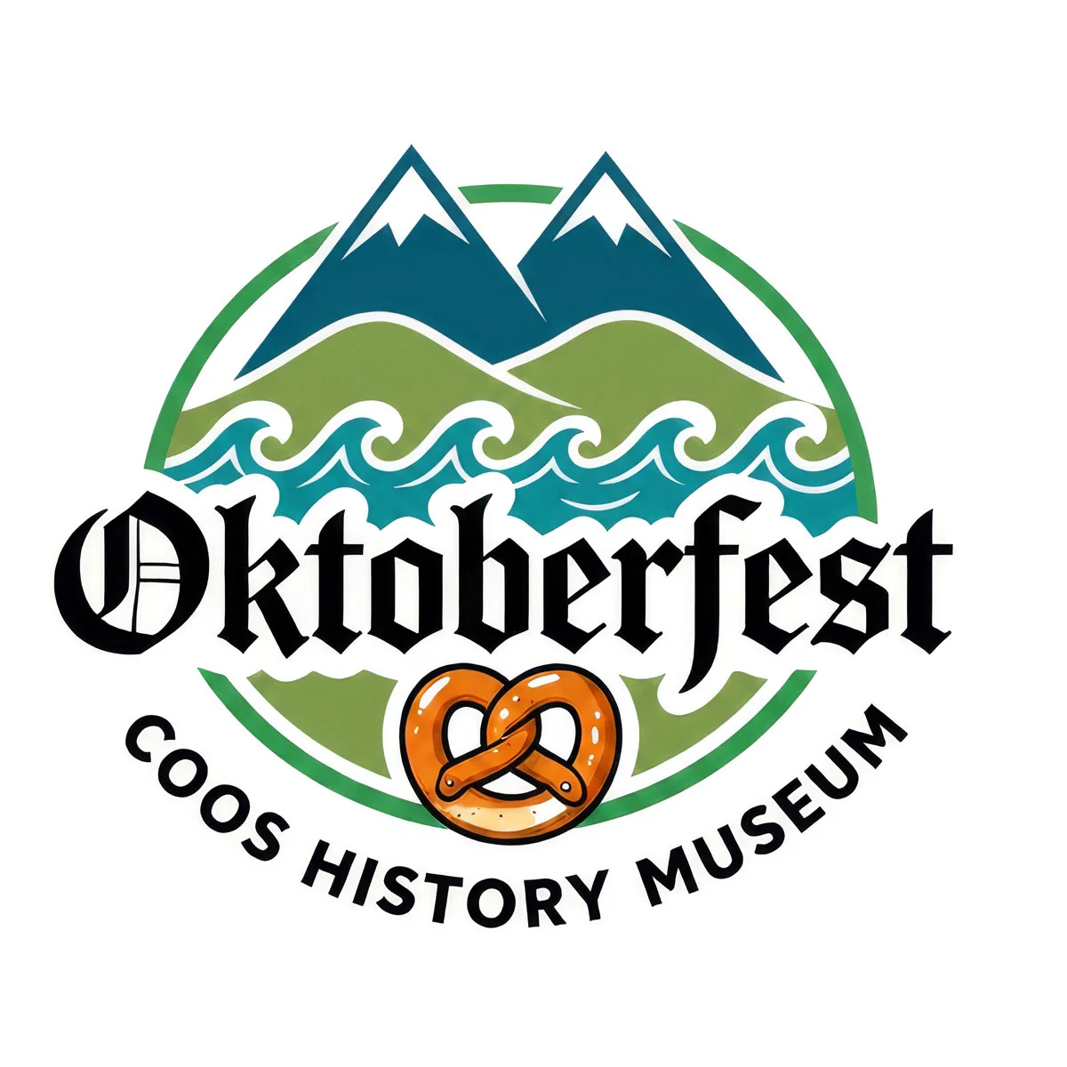 Oktoberfest Coos History Museum logo featuring mountains, rolling hills, ocean waves, and a pretzel in a circular design on a white background.