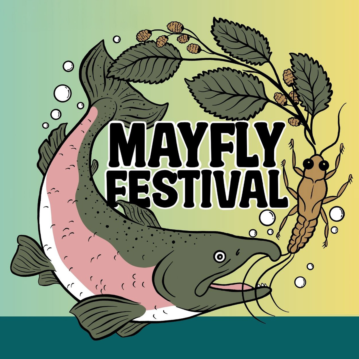 Illustration with bold text reading “MAYFLY FESTIVAL,” featuring a large fish underwater with bubbles, a mayfly insect, and leafy branches on a green-to-yellow gradient background.