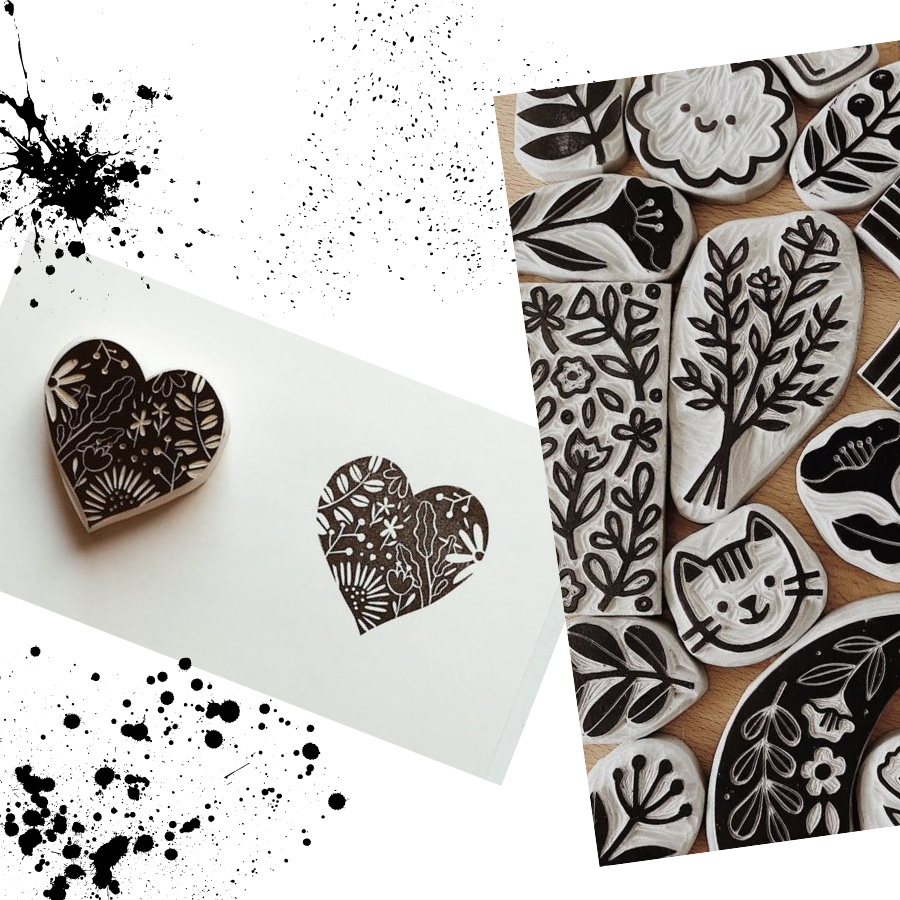 Heart linocut stamp and print, with floral and cat designs on carved blocks, plus ink splatters.