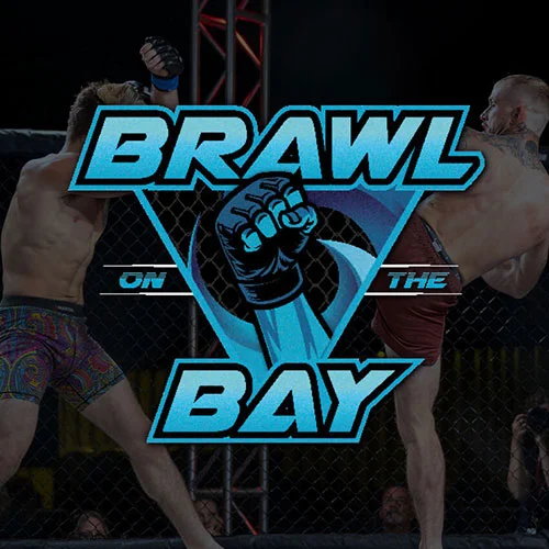 Brawl on the Bay event logo over a photo of two MMA fighters competing inside a cage, with one throwing a high kick during a nighttime outdoor match.