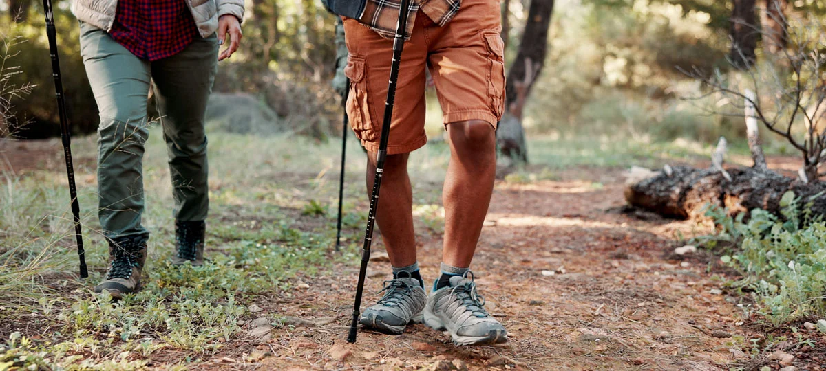 Close-up of two hikers walking along a forest trail with trekking poles, wearing outdoor clothing and sturdy hiking shoes on a wooded path.