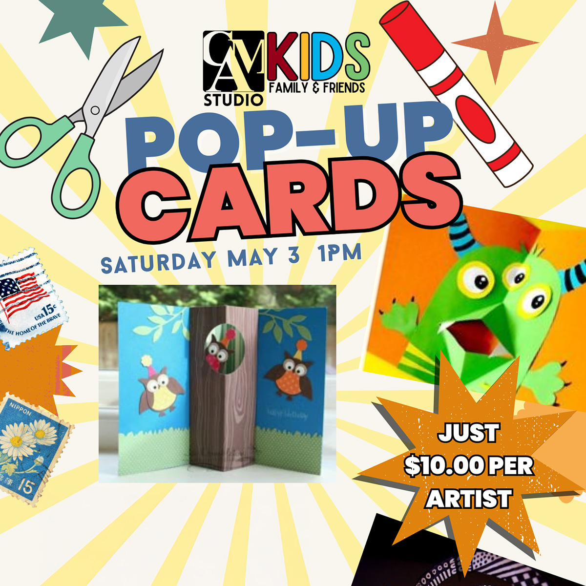 image with scissors and markers advertising pop up cards workshop
