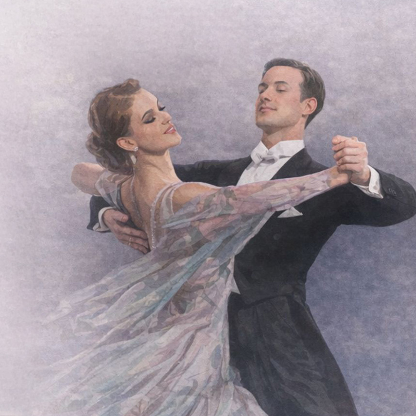 illustrated drawing of man and woman wearing ballroom dress and tuxedo waltzing