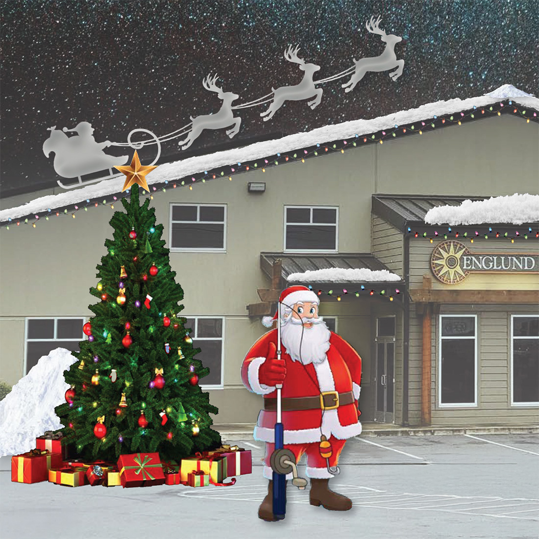 A building decorated for Christmas with a decorated tree, presents, lights, a cutout of Santa Claus holding a fishing pole, and reindeer/sleigh silhouettes on the roof/sky