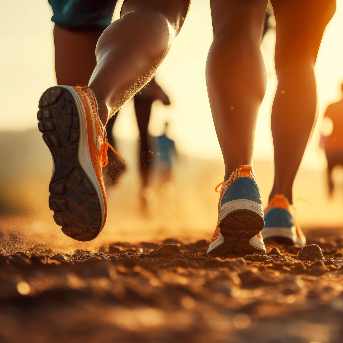 Close-up of runners' legs and athletic shoes as they run along a rocky trail at sunset, with warm light, dust, and other runners visible in the background.