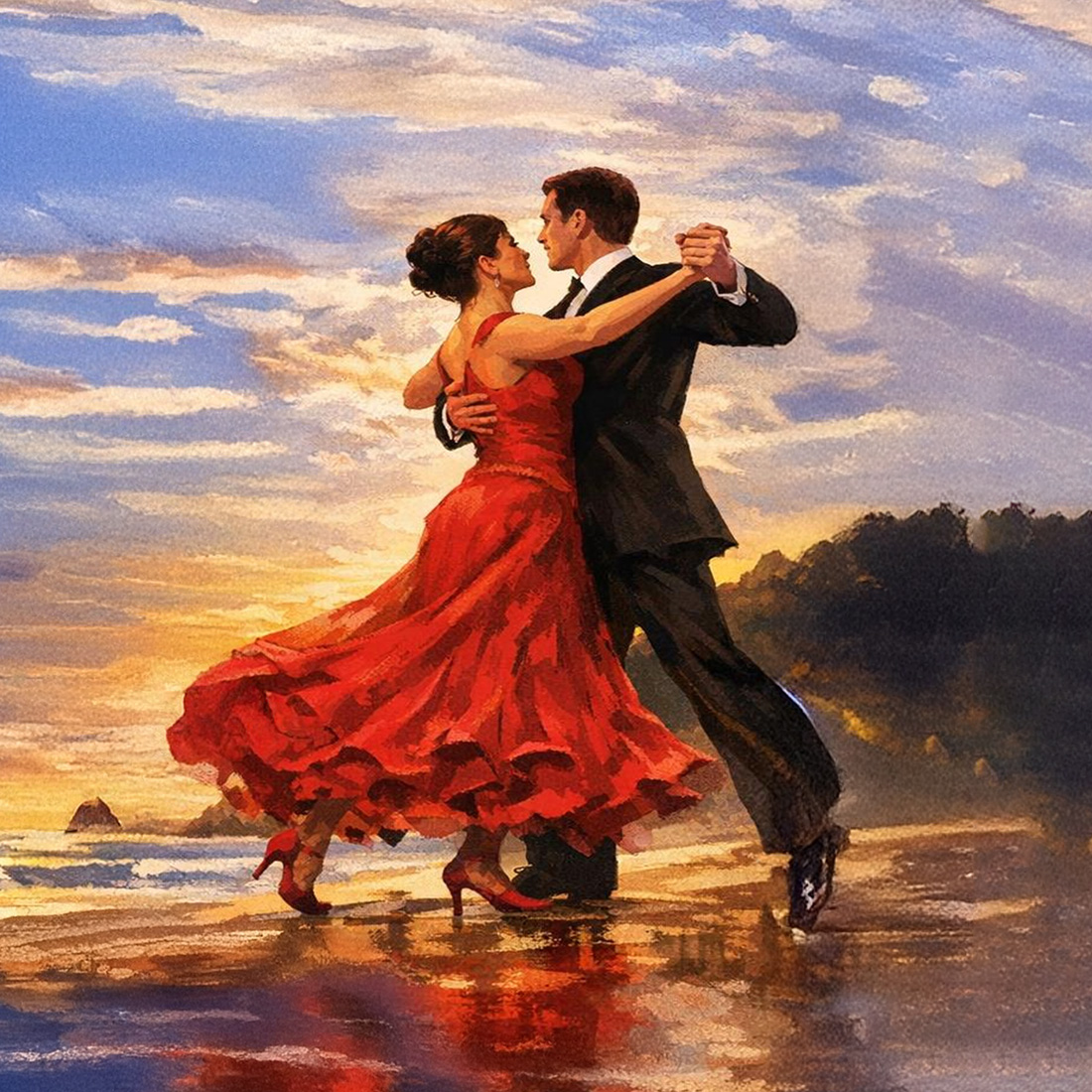 Couple in formal attire ballroom dancing on wet sand at sunset; the woman wears a flowing red dress and the man a black suit, with their reflections visible on the beach.
