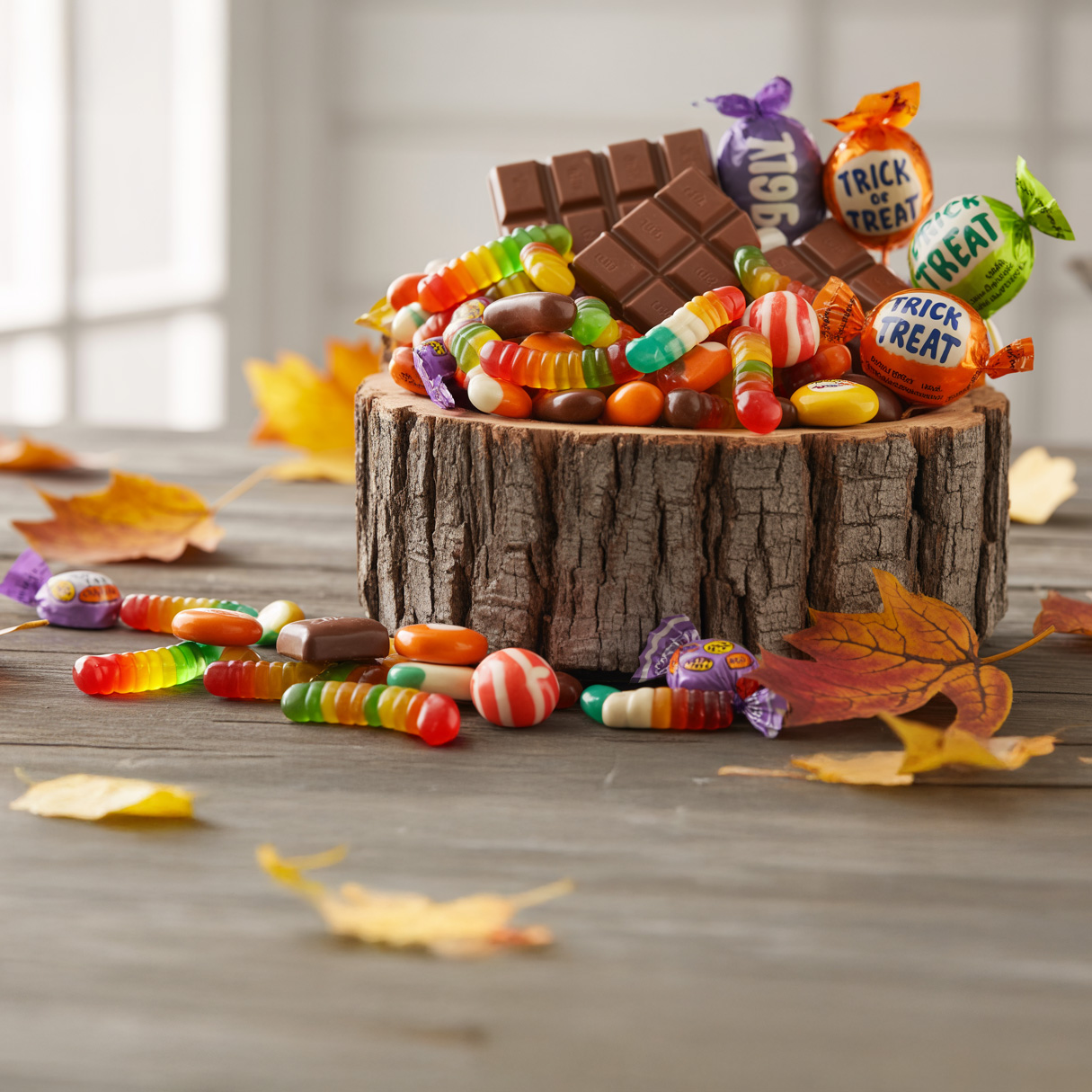 A rustic wooden bowl filled with assorted Halloween candy, surrounded by autumn leaves.