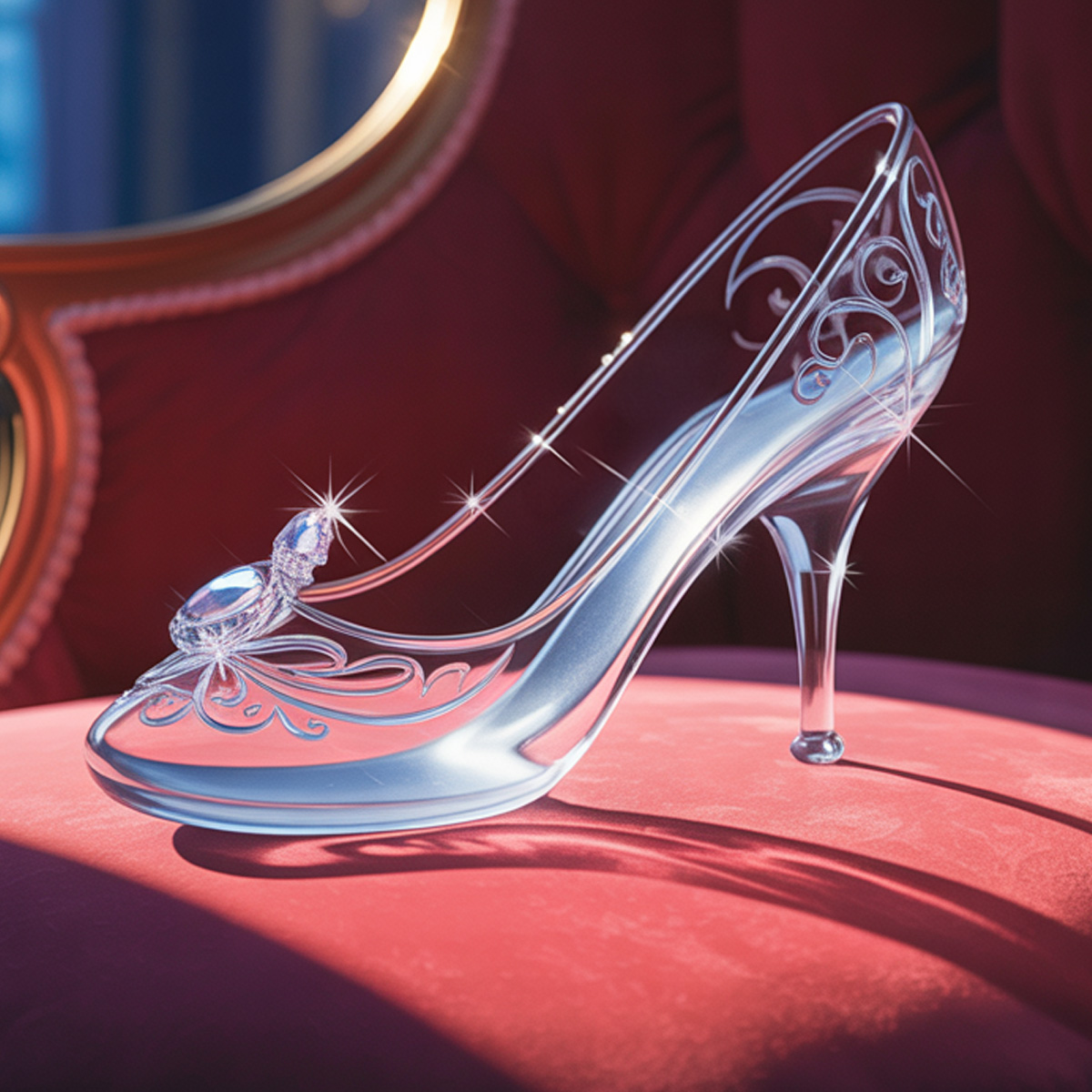 a glass high heeled shoe on a red velvet chair