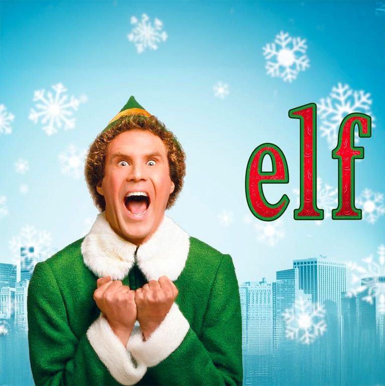 Poster for the movie Elf, showing a smiling man in a green elf costume with snowflakes and the word “elf” beside him.