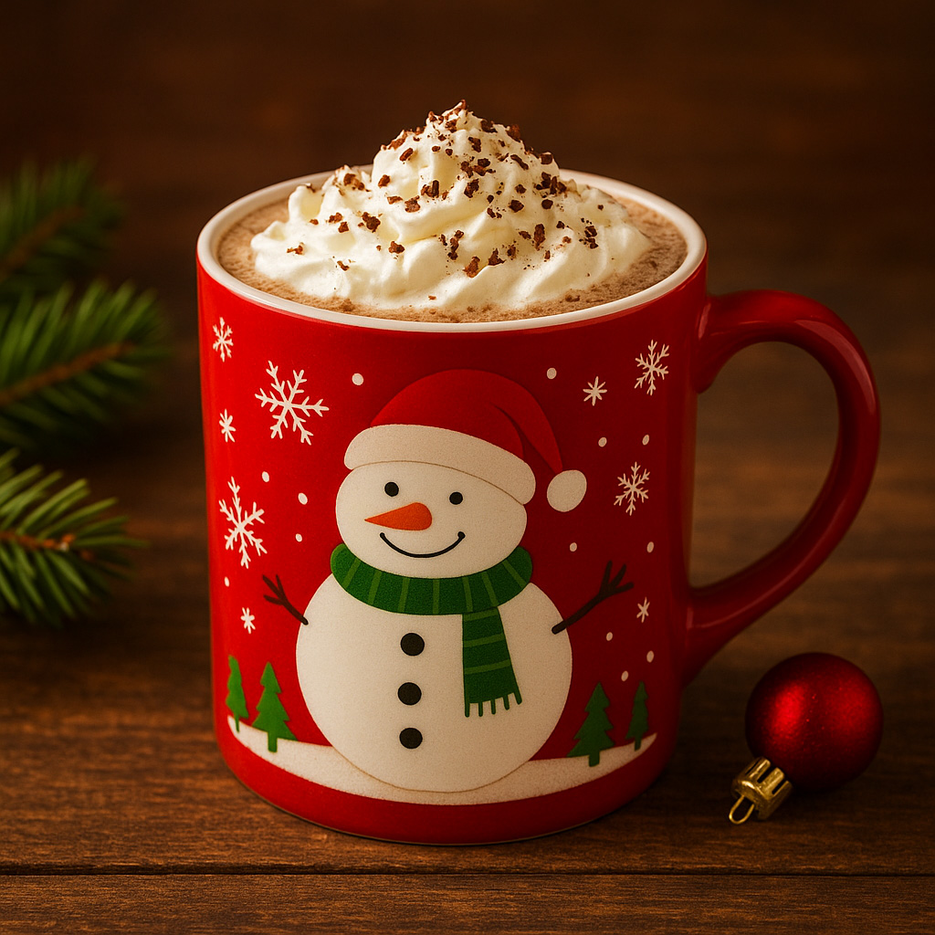 red mug with a snowman and snowflakes filled with hot chocolate whipped cream and sprinkles