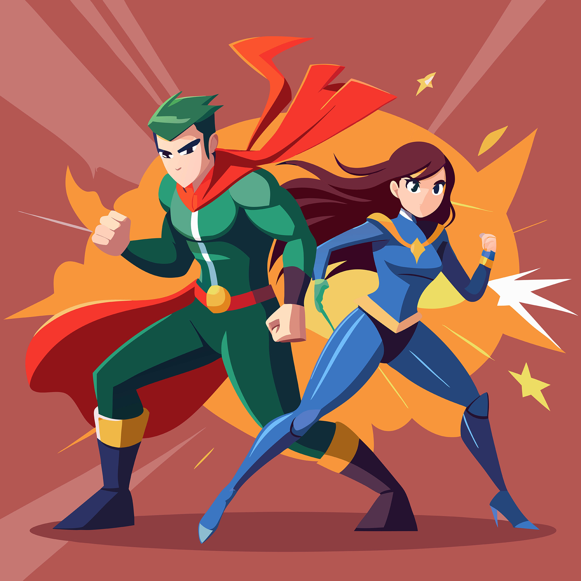 Two animated superheroes, a man in green and a woman in blue, stand ready for action with a fiery background.