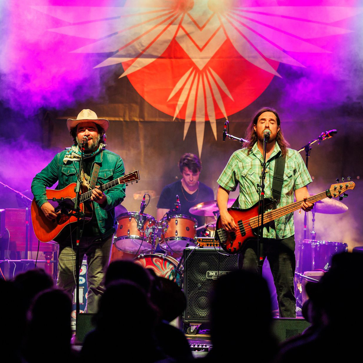Band performing live onstage with colorful purple and pink lighting, featuring two musicians singing and playing guitar and bass in front of a drummer, with audience silhouettes visible in the foreground.