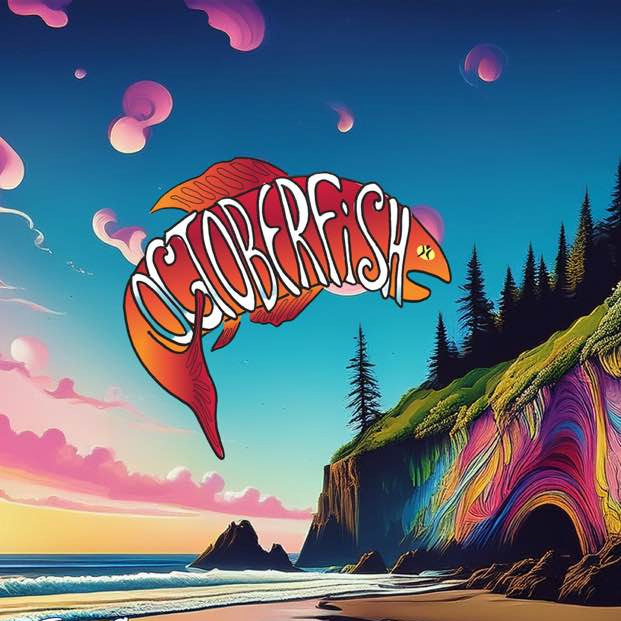 Colorful festival poster for Octoberfish 2025 with psychedelic beach art and event details.