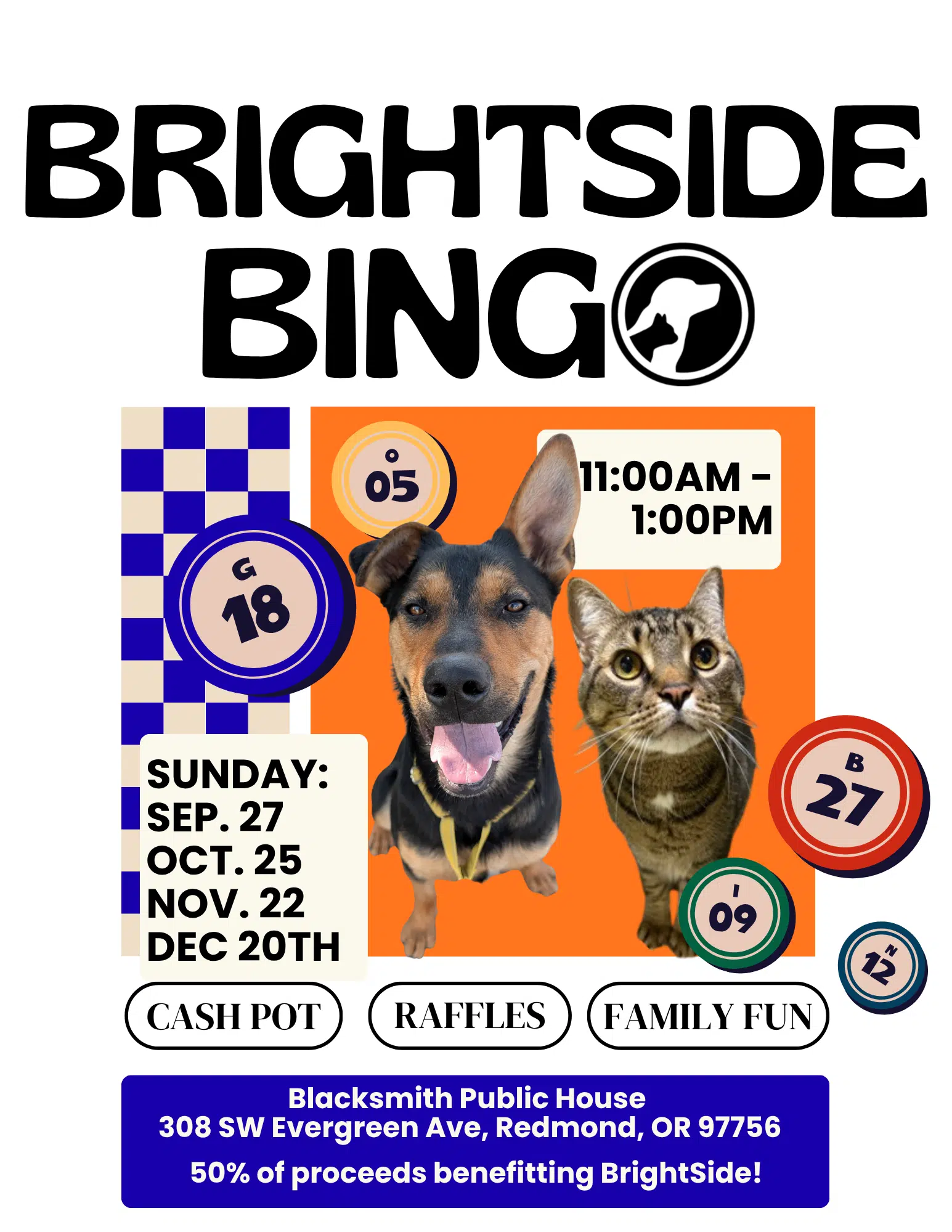 Image of dog and cat with bingo numbers floating around them