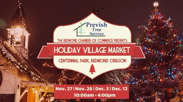 Event info over image of festive-lit tree and building