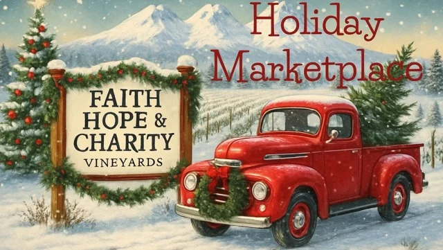 Illustrated flyer showing a vintage old truck in front of snowy vineyards with sisters mountains in the background