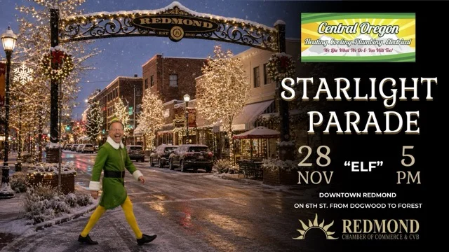 Event info with image showing life-sized elf walking through a festive and snowy downtown Redmond