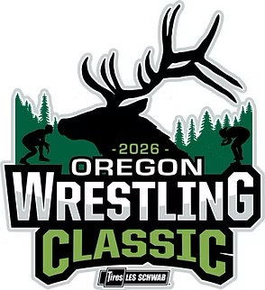 Logo of elk and two wrestler shape on either side, with words 