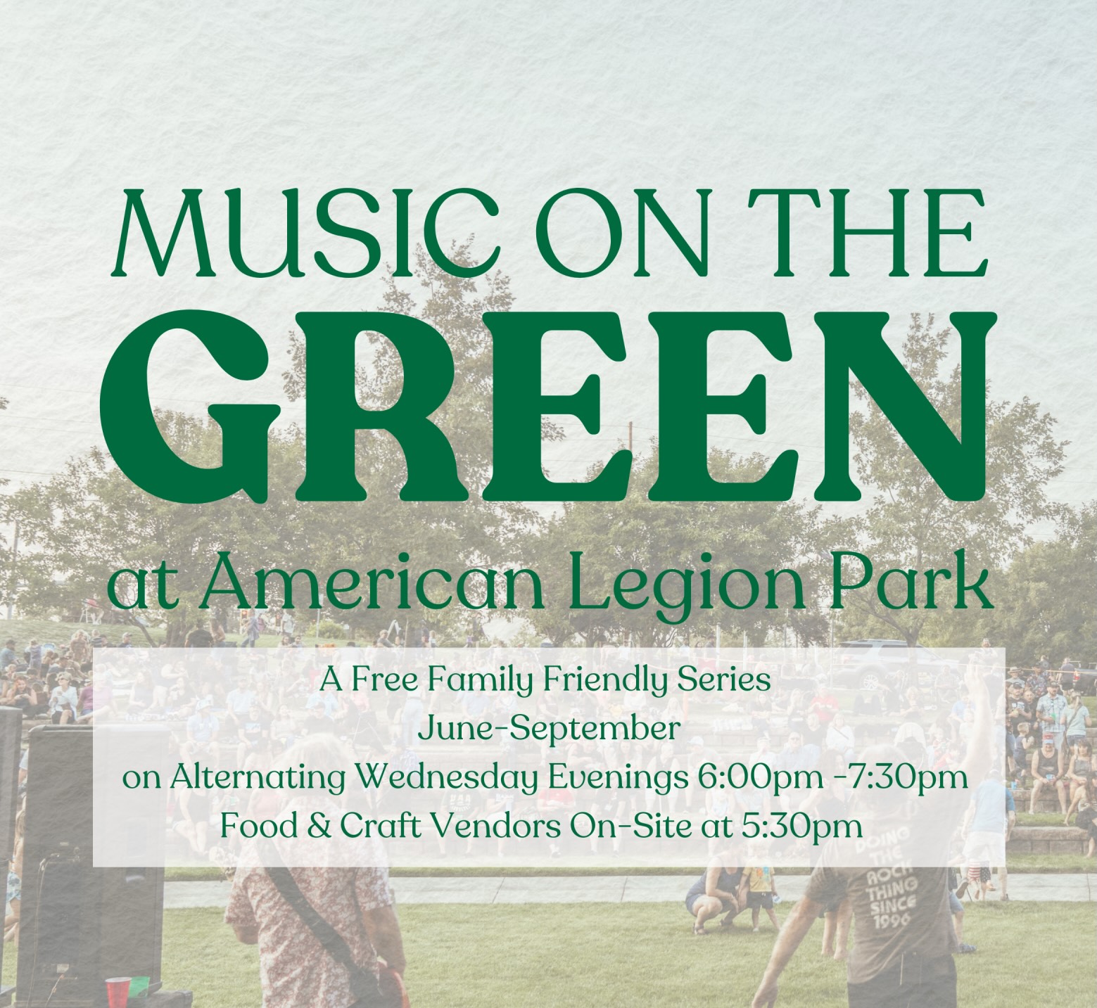Event info text in front of image of band playing at a park