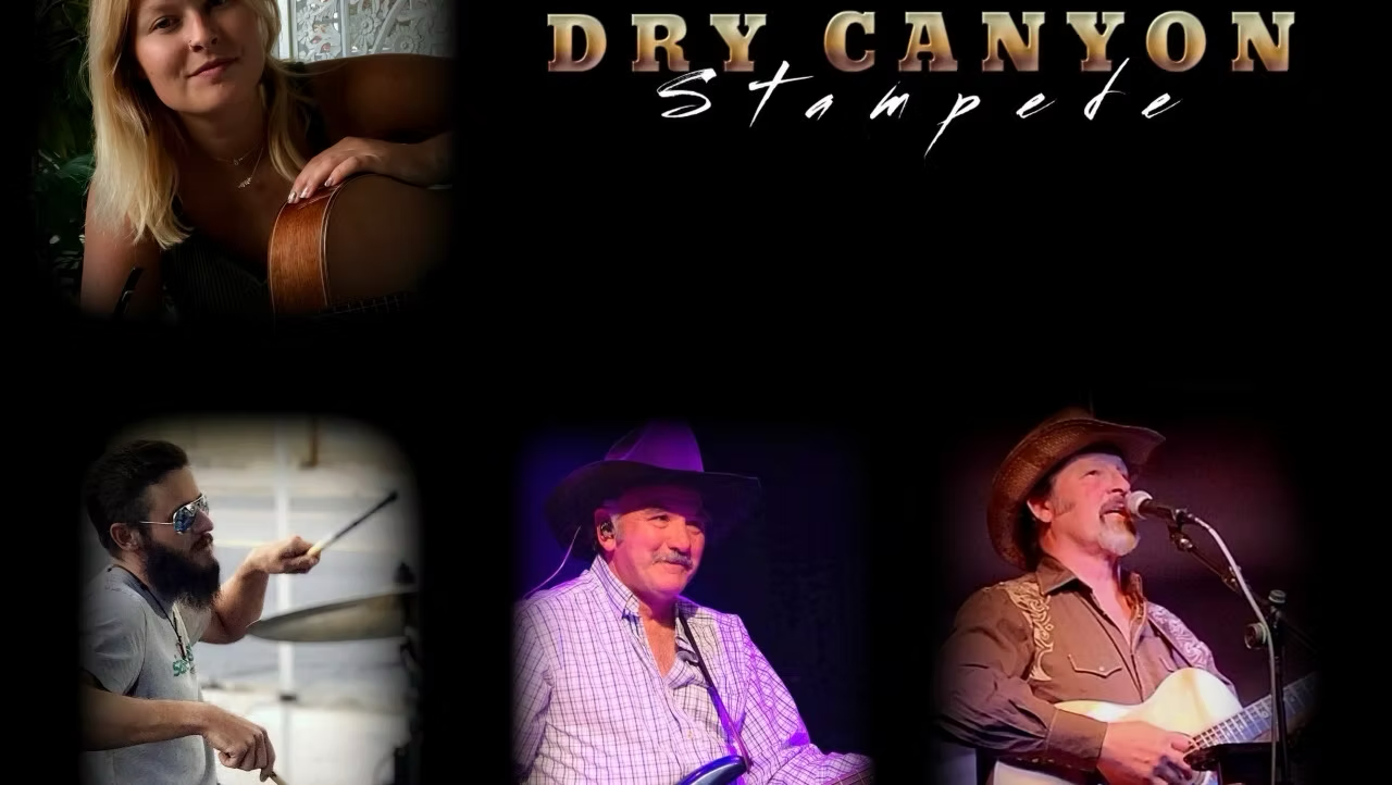 country musicians against black background