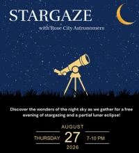 Star Gazing poster with a telescope against a starry background