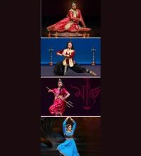 Four different photos of women in traditional Northern India folk costume. Each in a different pose.