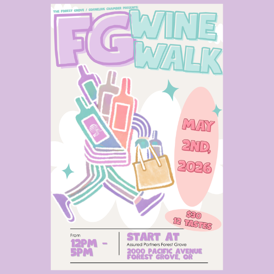 Forest Grove Wine Walk Poster with a person carrying multiple bottles of wine