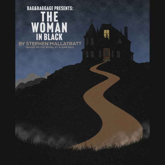 A pathway leading to a spooky looking house with a woman's silhouette in the window of the home