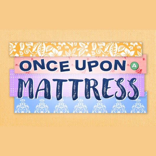 Four mattresses stacked up against an orange background with text over it