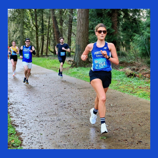 Person running with people behind them