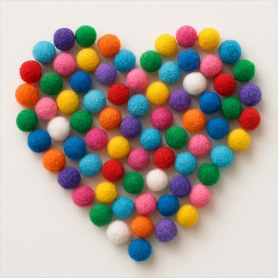 Fuzzy felt balls in a heart shape