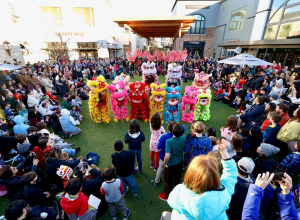 A large crowd of people surrounding eleven people dressed in traditional Chinese dragon costumes