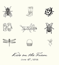 Various illustrations like a fly, boots, a basket, and more bugs on a beige background