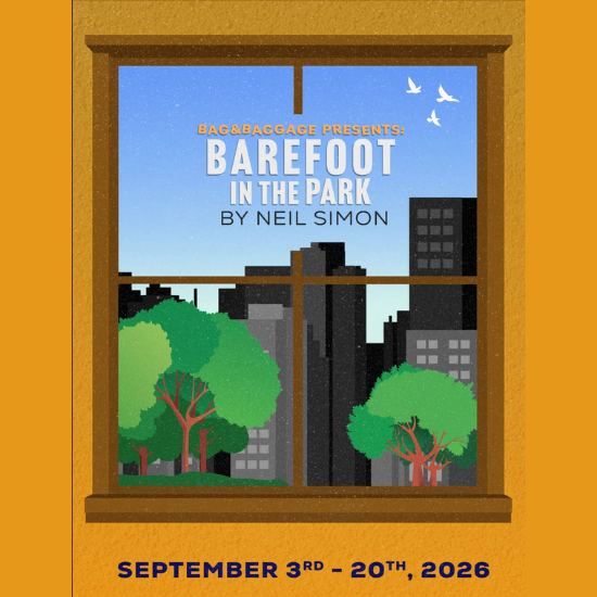 Barefoot in the Park graphic with a view out of it with a city in the background